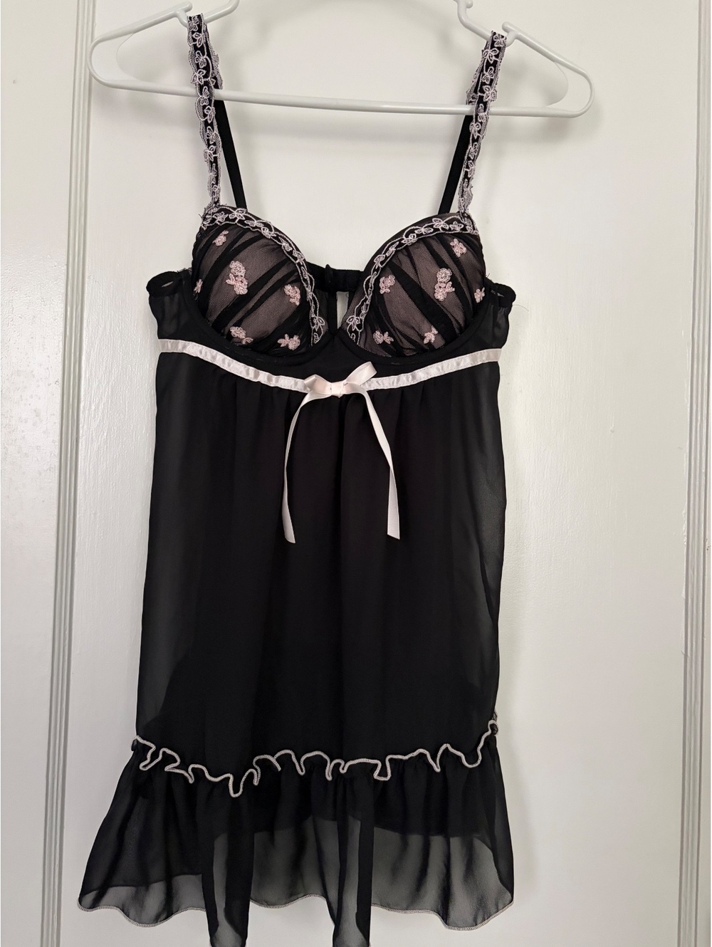Ambrielle Sheer Black Mesh Pink Embroidered Babydoll Lingerie Dress Size S